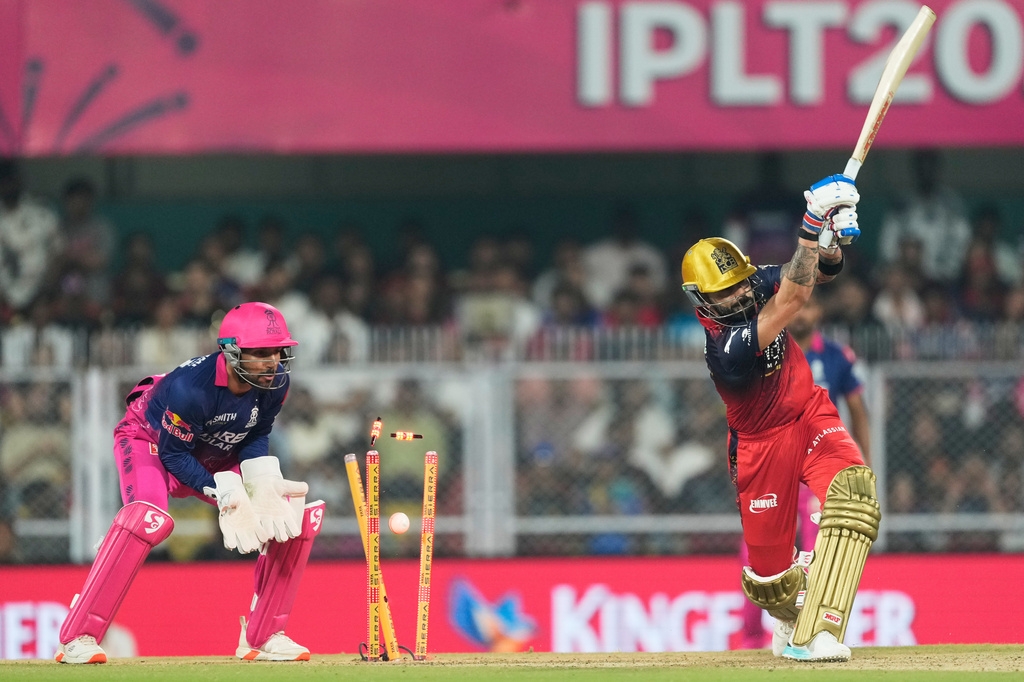 Royal Challengers Bengaluru's Virat Kohli bowled out during the Indian Premier League cricket match between Royal Challengers Bengaluru and Rajasthan Royals in Guwahati, India, Friday, April 10, 2026. (AP Photo/Anupam Nath)
