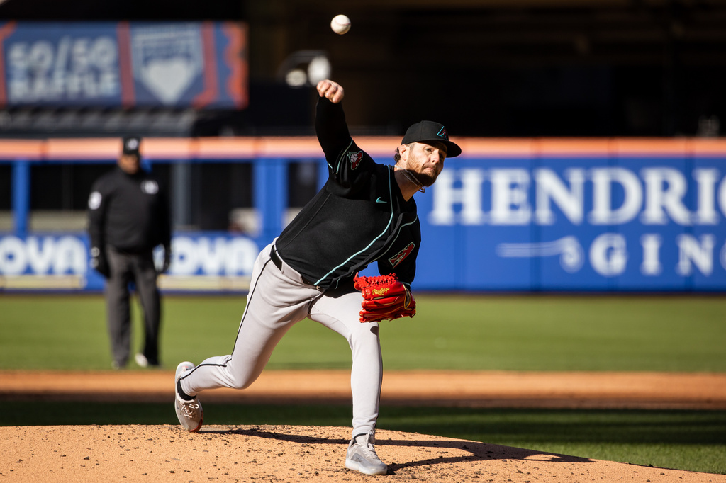 Arizona Diamondbacks pitcher Ryne Nelson (19) throws during the second inning of a baseball game against the New York Mets, Wednesday, April 8, 2026, in New York. (AP Photo/Angelina Katsanis)