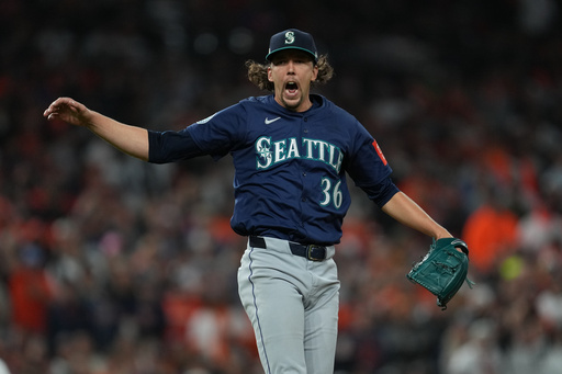 Seattle Mariners starting pitcher Logan Gilbert reacts after striking out Detroit Tigers' Parker Meadows to end the second inning in Game 3 of baseball's American League Division Series Tuesday, Oct. 7, 2025, in Detroit. (AP Photo/Paul Sancya) Seattle Mariners starting pitcher Logan Gilbert reacts after striking out Detroit Tigers' Parker Meadows to end the second inning in Game 3 of baseball's American League Division Series Tuesday, Oct. 7, 2025, in Detroit. (AP Photo/Paul Sancya)