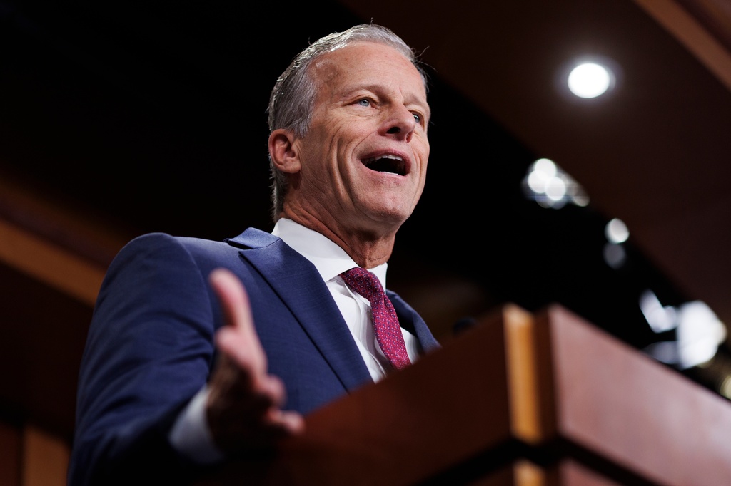 Senate Majority Leader John Thune R-S.D., speaks during a news conference on Capitol Hill on Saturday, March 21, 2026, in Washington. (AP Photo/Tom Brenner)