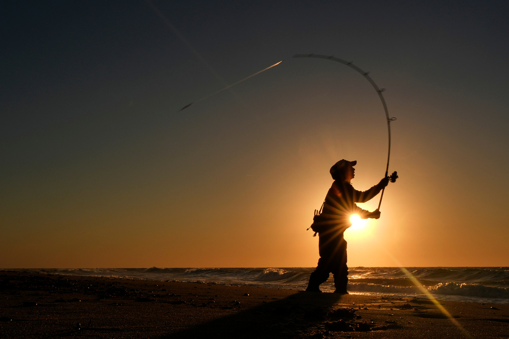 Randy Koeper of West Islip, N.Y., surf casts for striped bass at Hither Hills State Park Beach, Thursday, Oct. 8, 2026, in Montauk, N.Y. (AP Photo/Robert F. Bukaty)