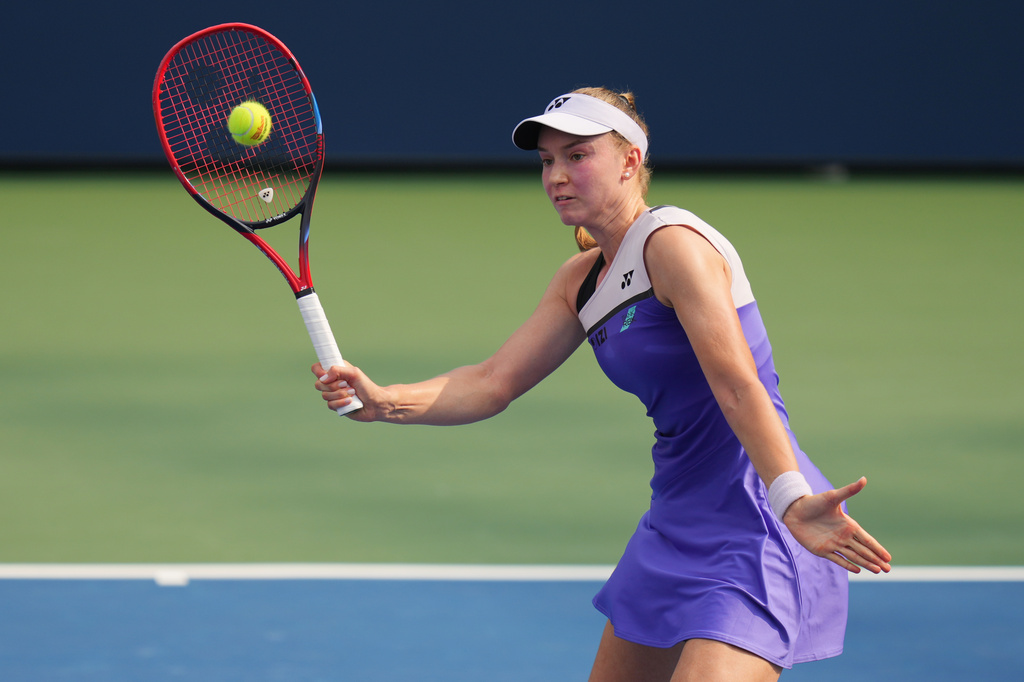 Elena Rybakina, of Kazakhstan, returns the ball to Thea Frodin, of the United States, during the first round of the U.S. Open tennis championships Tuesday, Sept. 1, 2026, in New York. (AP Photo/Kirsty Wigglesworth)