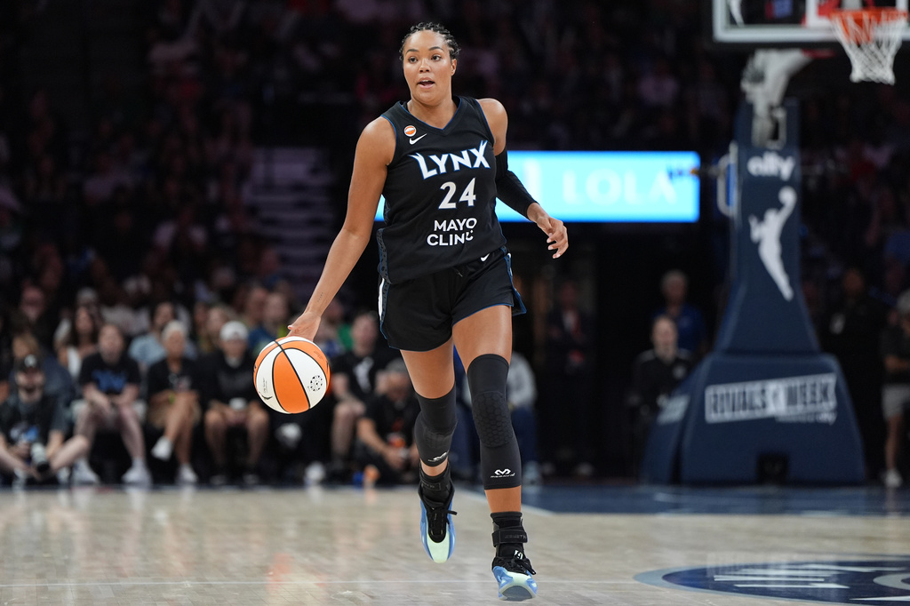 Minnesota Lynx forward Napheesa Collier dribbles down the court during the first half of a WNBA basketball game against the Las Vegas Aces in Minneapolis, Saturday, Aug. 8, 2026. (AP Photo/Abbie Parr)