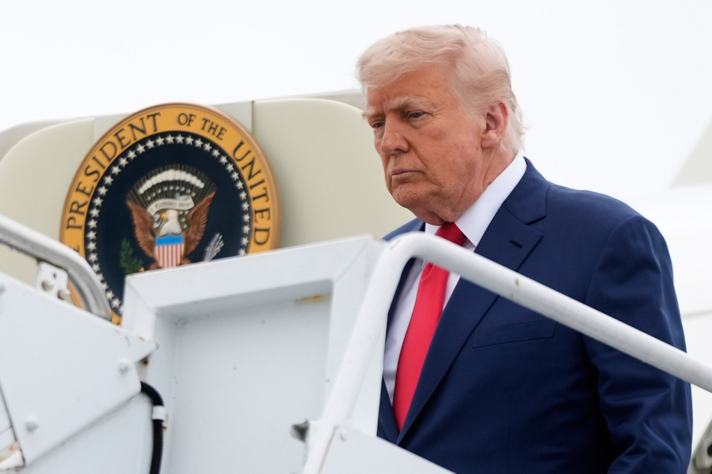 FILE - President Donald Trump arrives on Air Force One at Hagerstown Regional Airport, in Hagerstown, Md., en route to Camp David, Md., June 8, 2025. (AP Photo/Manuel Balce Ceneta, File)