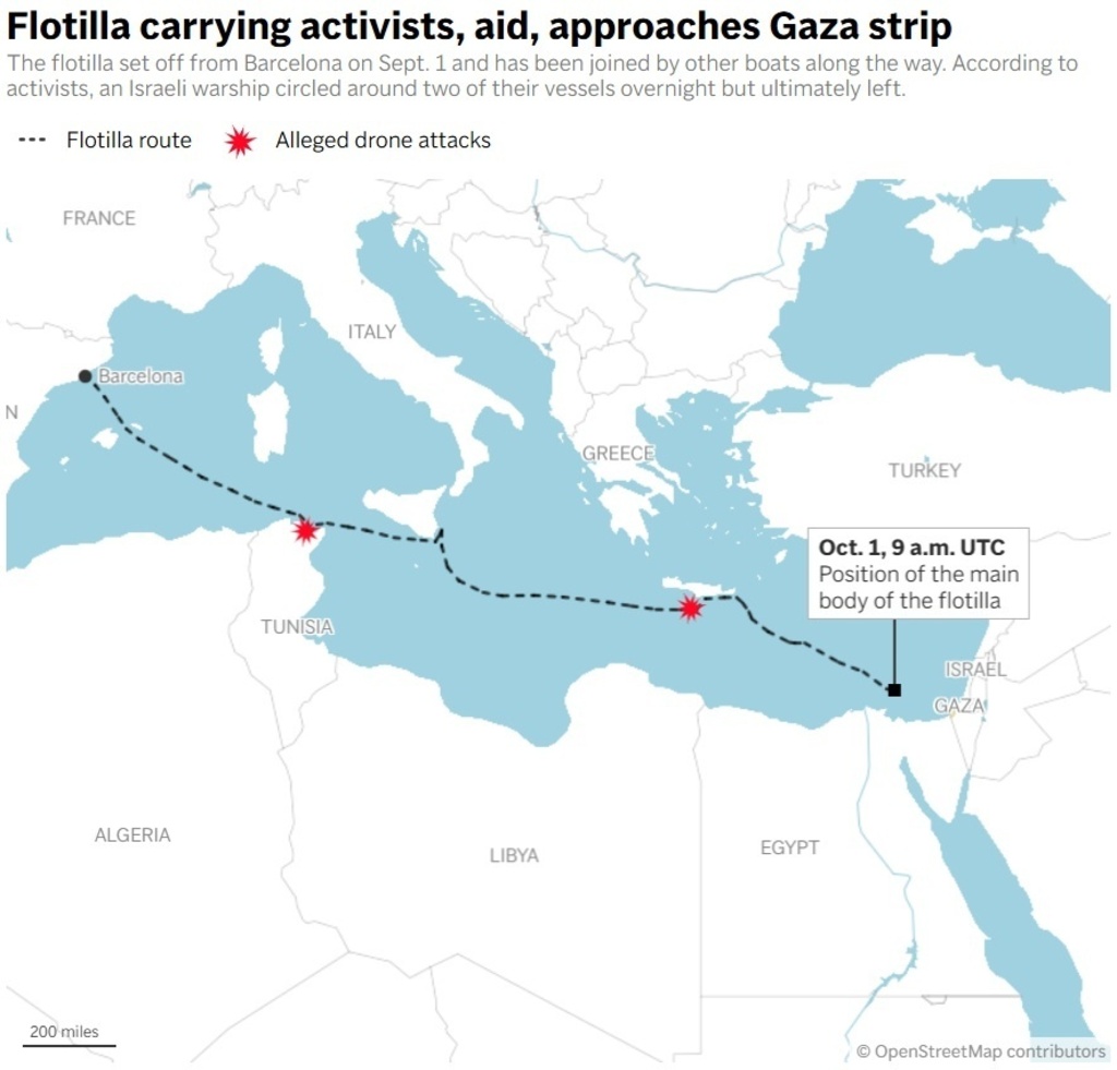 This map shows the location of the pro-Palestine activist flotilla as of October 1, plus two locations it has allegedly been targeted by drone attacks. (AP Digital Embed)