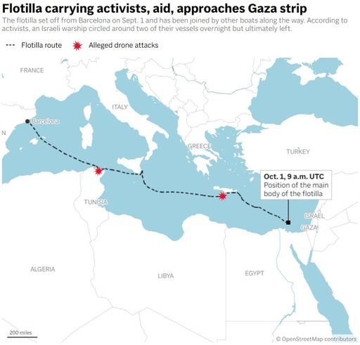 This map shows the location of the pro-Palestine activist flotilla as of October 1, plus two locations it has allegedly been targeted by drone attacks. (AP Digital Embed) This map shows the location of the pro-Palestine activist flotilla as of October 1, plus two locations it has allegedly been targeted by drone attacks. (AP Digital Embed)