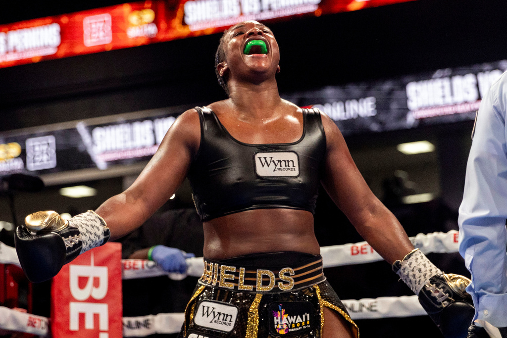 FILE - Claressa Shields captures the undisputed heavyweight title with a unanimous decision victory over Danielle Perkins on Feb. 2, 2025, at Dort Financial Center in Flint, Mi. (Jake May/The Flint Journal via AP, File)