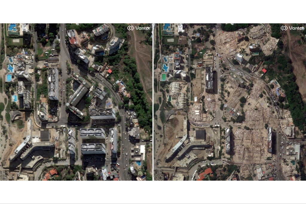 This combination of satellite images provided by Vantor shows buildings in Caraballeda, Venezuela on Dec. 28, 2025, left, and on Friday, June 26, 2026, after an earthquake. (Satellite image ©2026 Vantor via AP)