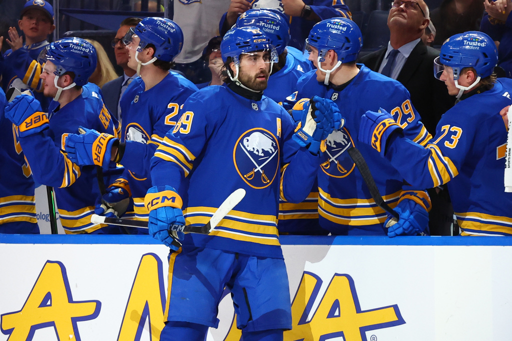 Buffalo Sabres right wing Alex Tuch (89) celebrates his goal during the second period of an NHL hockey game against the Dallas Stars Wednesday, April 15, 2026, in Buffalo, N.Y. (AP Photo/Jeffrey T. Barnes)