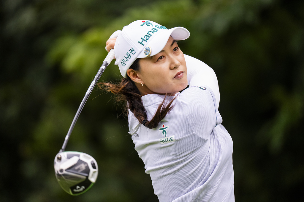 Minjee Lee tees off on the fifth hole during the third round of the Canadian Women's Open at the Mississauga Golf and Country Club in Mississauga, Ontario, Saturday, Aug. 23, 2025. (Thomas Skrlj/The Canadian Press via AP)