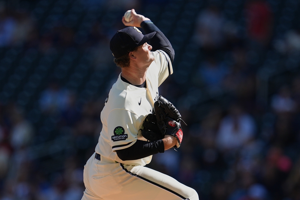 Minnesota Twins starting pitcher Connor Prielipp delivers during the first inning of a baseball game against the Cleveland Guardians Saturday, Sept. 12, 2026, in Minneapolis. (AP Photo/Abbie Parr)