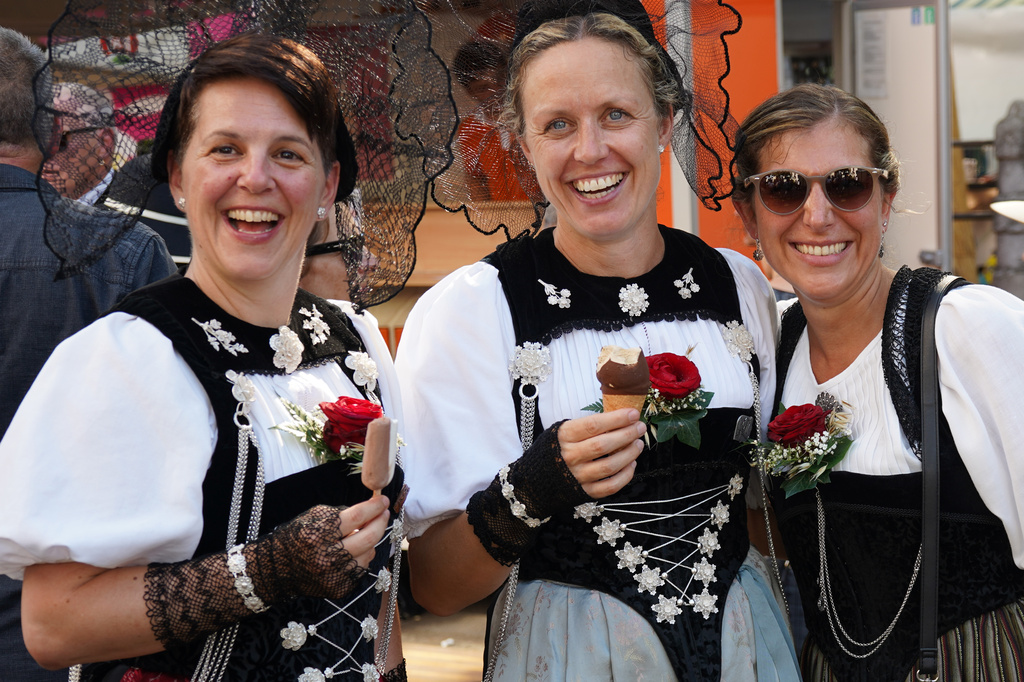 Yodeling women wear traditional clothes as they pose in Basel, Switzerland, Saturday, June 27, 2026. (AP Photo/Jez Fielder)