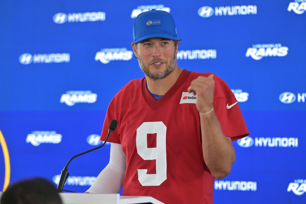 Los Angeles Rams quarterback Matthew Stafford talks to the media at a news conference during the NFL football team's practice Thursday, May 28, 2026, in Los Angeles. (AP Photo/Jayne Kamin-Oncea)
