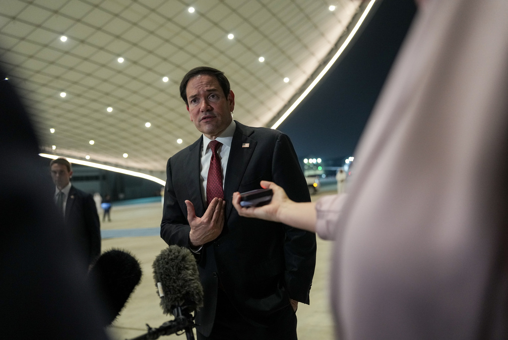 Secretary of State Marco Rubio speaks to the media upon his arrival at Al Bateen Executive Airport, in Abu Dhabi, United Arab Emirates, Tuesday, June 23, 2026. (Eric Lee/Pool Photo via AP)