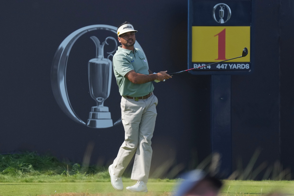 Jason Day of Australia plays off the 1st tee during the first day of the British Open Golf championships at Royal Birkdale golf club, in Southport, England, Thursday, July 16, 2026. (AP Photo/Jon Super)