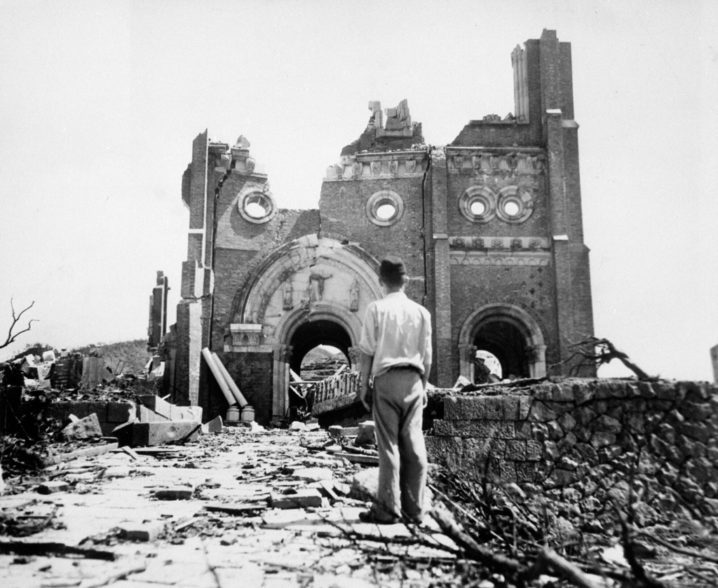 FILE - In this Sept. 13, 1945, file photo, the Urakami Catholic Cathedral in Nagasaki, Japan, stands waste in the aftermath of the detonation of the atom bomb over a month ago over this city. (AP Photo/Stanley Troutman, Pool, File)
