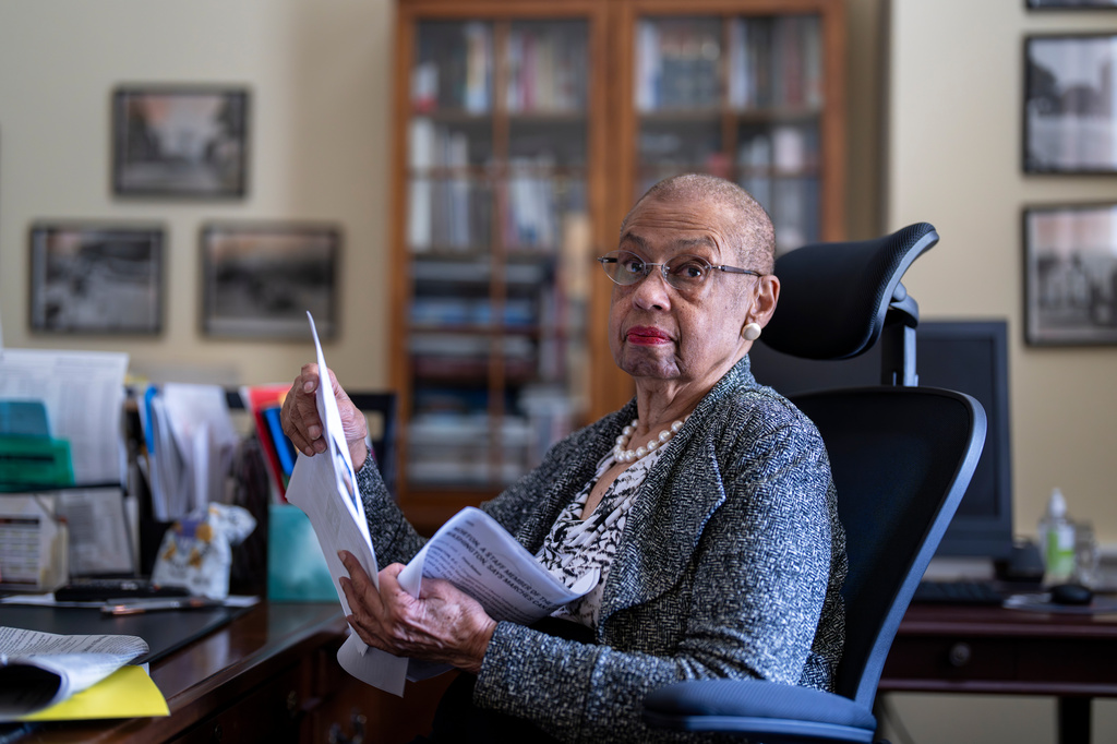 FILE - Del. Eleanor Holmes Norton, D-D.C., reflects on her time as a young civil rights activist during the 1963 March on Washington, during an Associated Press interview in her office on Capitol Hill in Washington, Aug. 9, 2023. (AP Photo/J. Scott Applewhite, File)