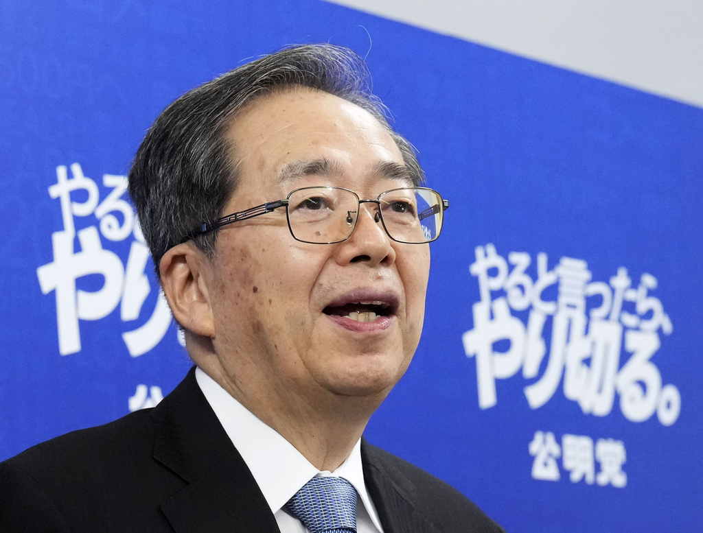 Tetsuo Saito, leader of Komeito, speaks to the media after meeting with Sanae Takaichi, the newly-elected leader of Japan's ruling party, the Liberal Democratic Party at the parliament in Tokyo, Friday, Oct. 10, 2025. (Daisuke Suzuki/Kyodo News via AP)