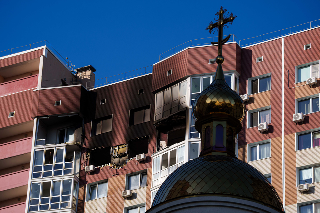 A residential building is seen damaged following a Russian drone strike, in Kyiv, Ukraine, Friday, Oct. 2, 2026. (AP Photo/Evgeniy Maloletka)