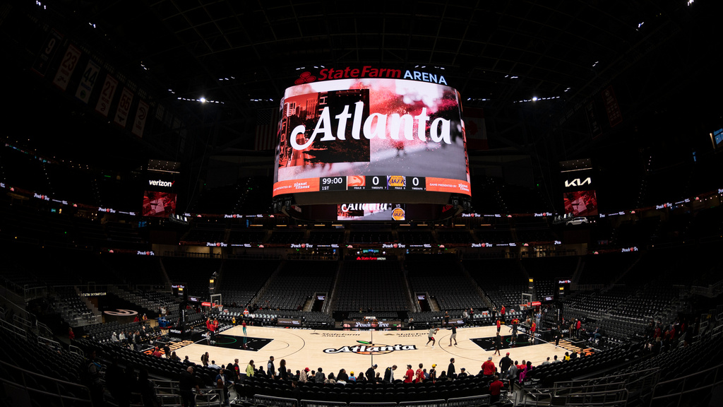 FILE - State Farm Arena is viewed before an NBA basketball game between the Atlanta Hawks and the Los Angeles Lakers, Dec. 30, 2022, in Atlanta. (AP Photo/Hakim Wright Sr., File)