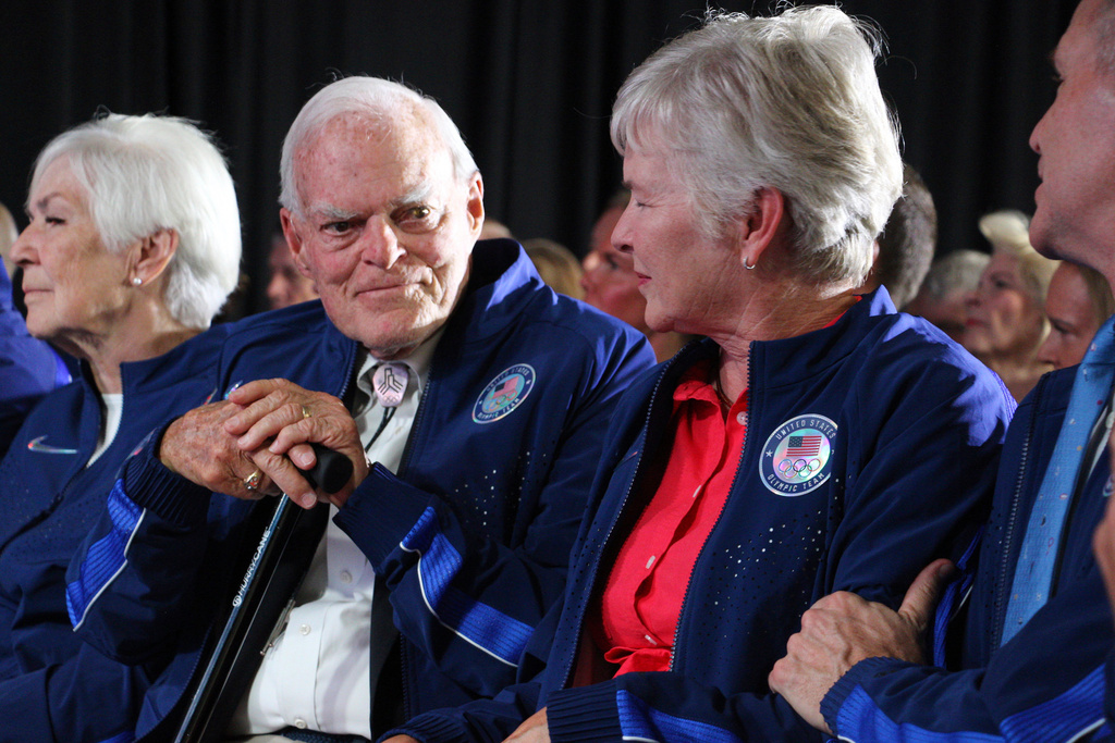 Spencer Fox Eccles, left, and Hope Eccles, major donors to the 2034 Winter Olympics, attend a fundraising event in Salt Lake City, Monday, Sept. 8, 2025. (AP Photo/Hannah Schoenbaum)