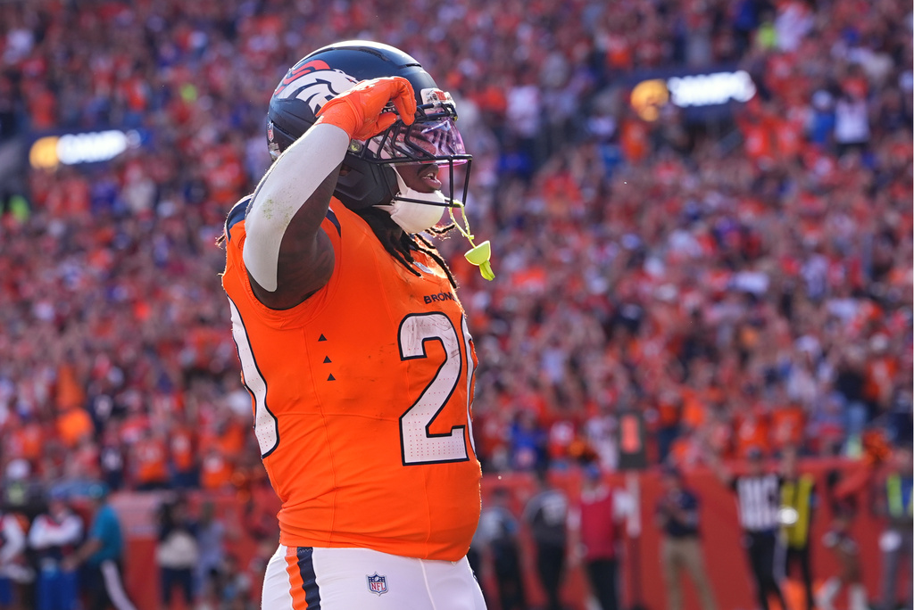 Denver Broncos running back Jonah Coleman celebrates after scoring a touchdown against the Jacksonville Jaguars in the second half of an NFL football game in Denver, Sunday, Sept. 20, 2026. (AP Photo/David Zalubowski)