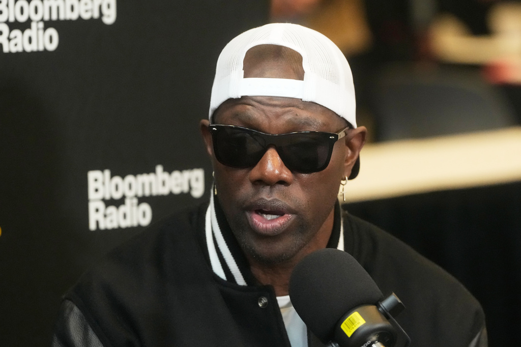 FILE - Former NFL football player Terrell Owens speaks at the NFL's Super Bowl Radio Row in San Francisco, Feb. 4, 2026. (AP Photo/Jeff Chiu, File)