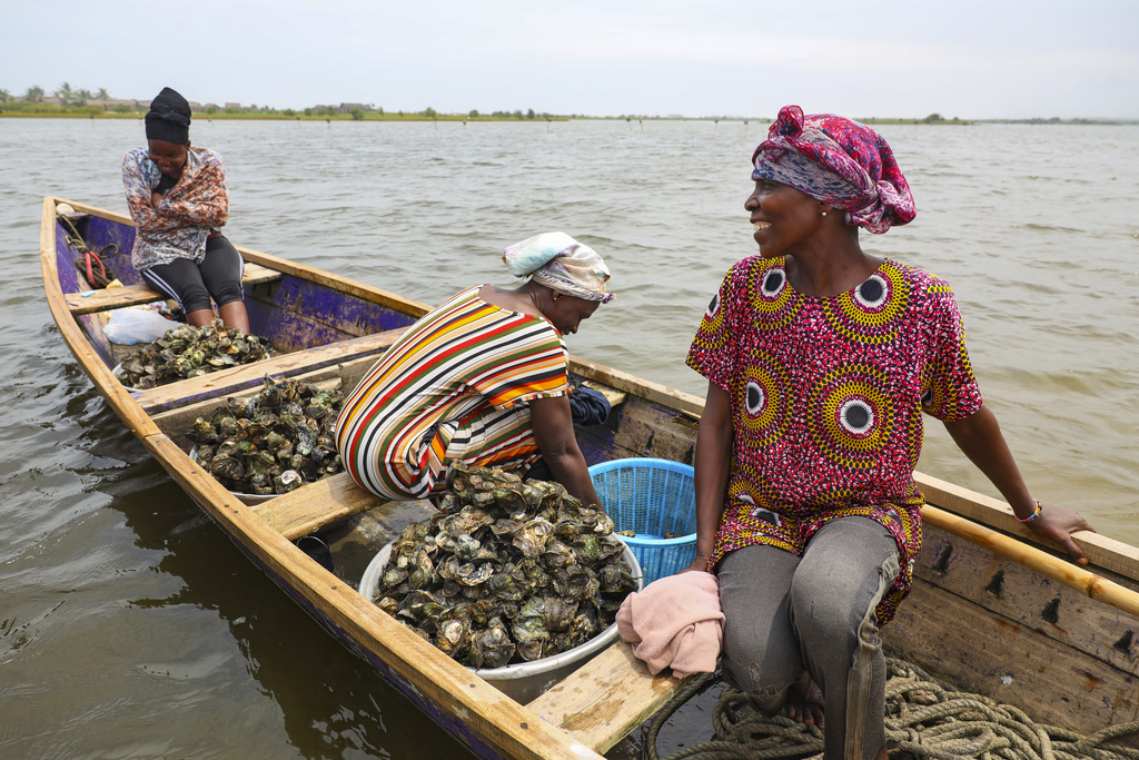Women sit in a canoe filled with freshly harvested oysters in the Densu estuary at Tsokomey, Ghana, Aug. 6, 2025. (AP Photo/Misper Apawu)