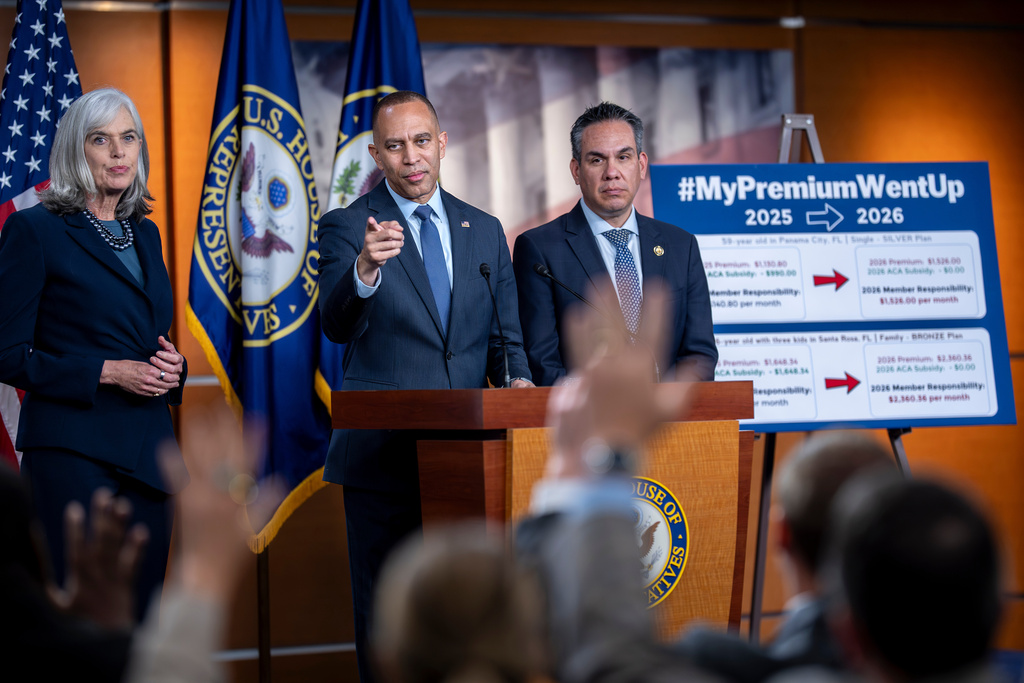 FILE - From left, Rep. Katherine Clark, D-Mass., the House minority whip, House Minority Leader Hakeem Jeffries, D-N.Y., and Rep. Pete Aguilar, D-Calif., chair of the Democratic Caucus, speak during a news conference about health care at the Capitol in Washington, Oct. 22, 2025. (AP Photo/J. Scott Applewhite, File)