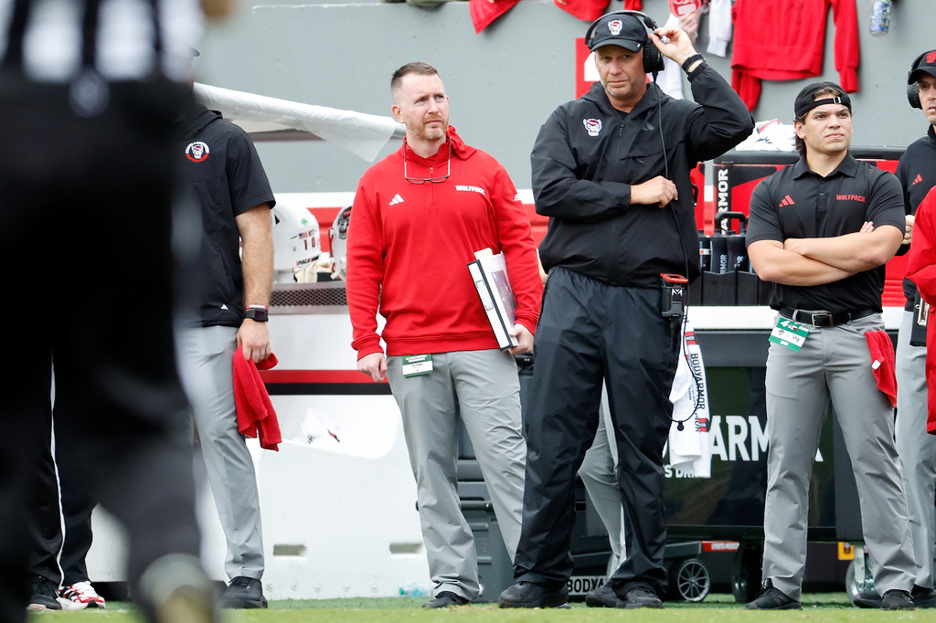 North Carolina State head coach Dave Doeren watches from the sideline against Wake Forest during the first half of an NCAA college football game in Raleigh, N.C., Saturday, Oct. 10, 2026. (AP Photo/Karl DeBlaker)