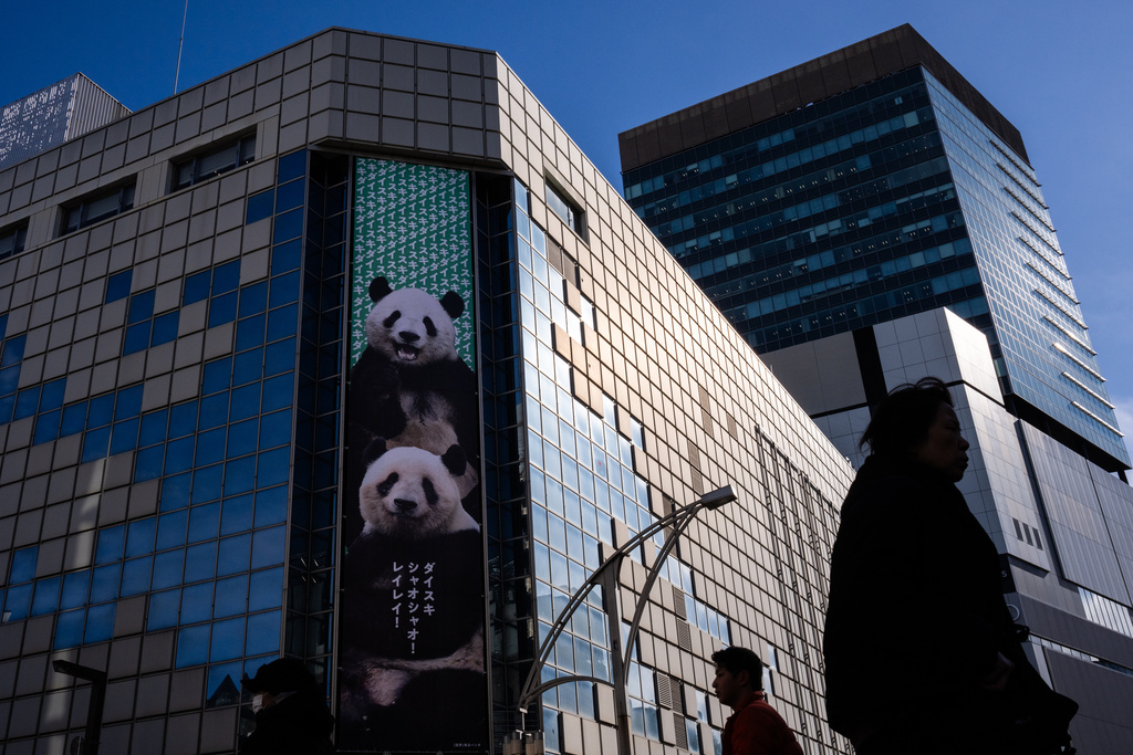 Pedestrians walk past a billboard bidding farewell to Japan's last remaining pandas, Lei Lei and Xiao Xiao, near Ueno Zoo in Tokyo, Thursday, Jan. 22, 2026. (AP Photo/Louise Delmotte)