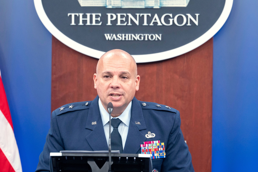 Deputy Assistant Secretary for Budget, Oﬃce of the Assistant Secretary of the Air Force for Financial Management and Comptroller Maj. Gen. Frank Verdugo talks to reporters during a briefing on the Air Force's FY27 budget request in the Pentagon, Tuesday, April 21, 2026 in Washington. (AP Photo/Kevin Wolf)