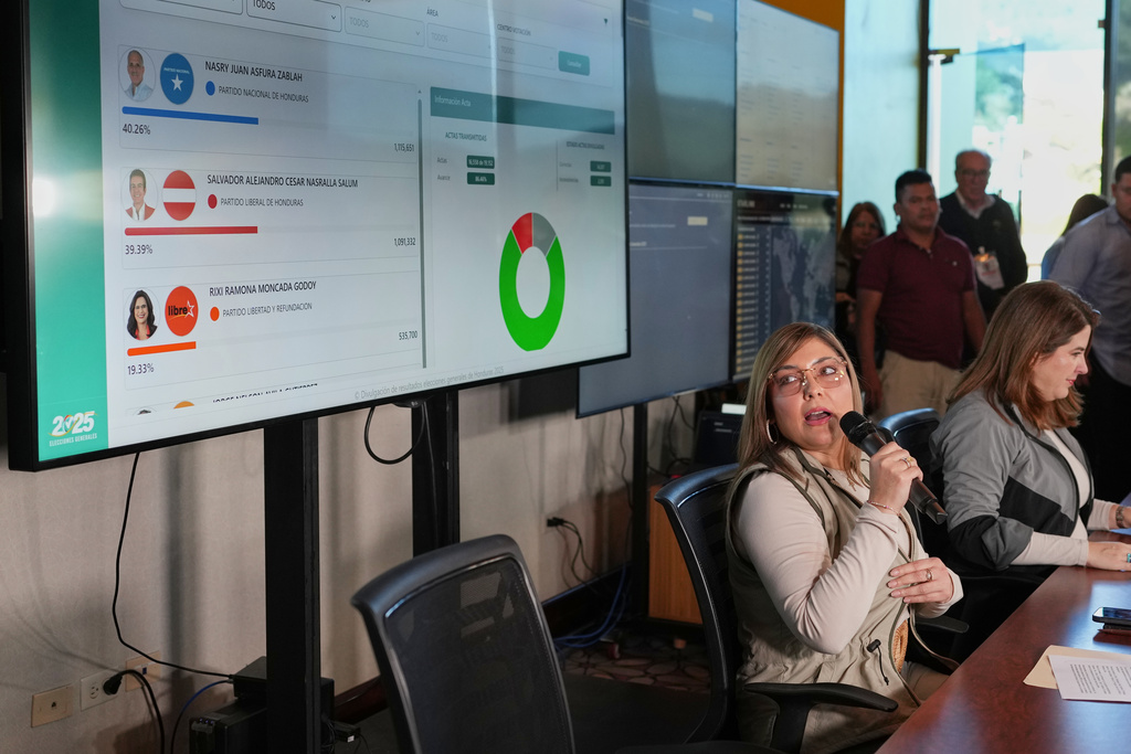 Ana Paola Hall, president of the National Electoral Council, explains the pauses in the result reporting of Sunday's election to reporters in Tegucigalpa, Honduras, Thursday, Dec. 4, 2025. (AP Photo/Moises Castillo)