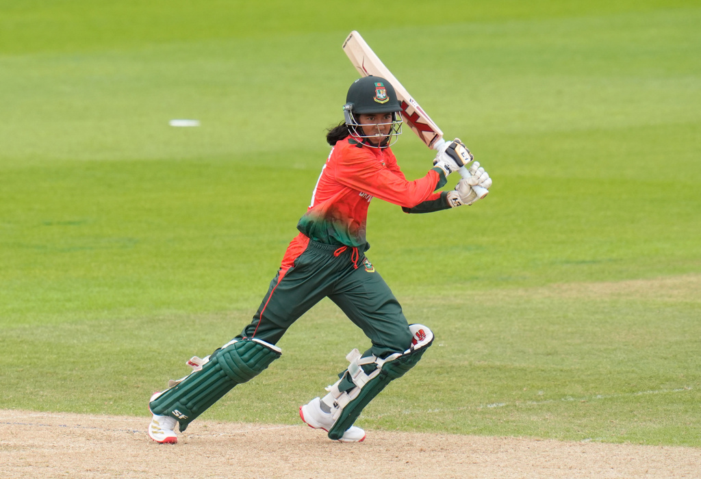 Shorna Akter of Bangladesh bats during the ICC Women's T20 World Cup match between Pakistan and Bangladesh, at the Hampshire Bowl, Southampton, England, Saturday June 20, 2026. (Andrew Matthews/PA via AP)
