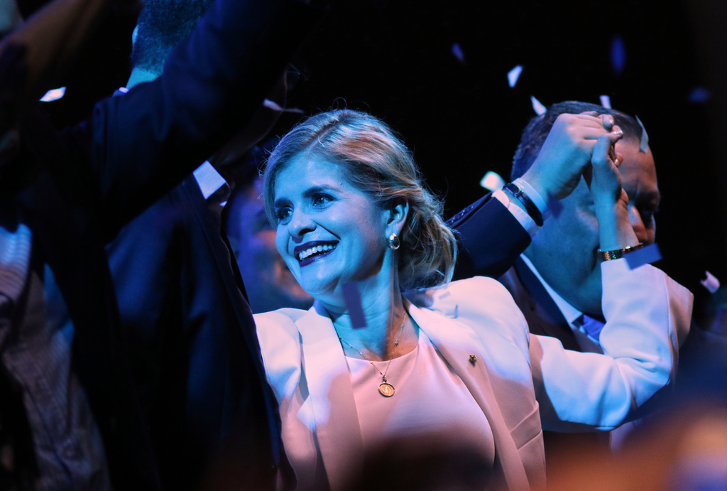 Presidential candidate Laura Fernández addresses supporters after polls closed in San Jose, Costa Rica, Sunday, Feb. 1, 2026. (AP Photo/Carlos Borbon)