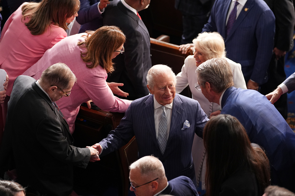 Britain's King Charles III and Queen Camilla depart after speaking to a joint meeting of Congress in the House Chamber at the U.S. Capitol, Tuesday, April 28, 2026, in Washington. (AP Photo/Matt Rourke)