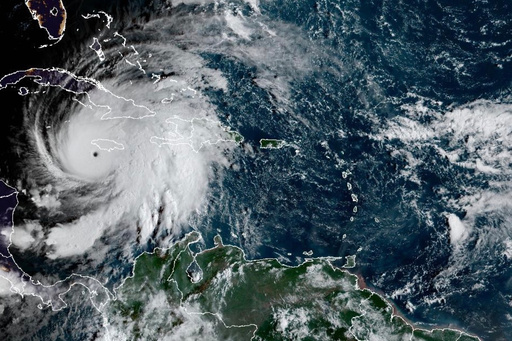 This satellite image provided by the National Oceanographic and Atmospheric Administration shows Hurricane Melissa, Tuesday, Oct. 28, 2025. (NOAA via AP) This satellite image provided by the National Oceanographic and Atmospheric Administration shows Hurricane Melissa, Tuesday, Oct. 28, 2025. (NOAA via AP)