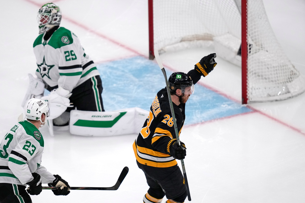 Boston Bruins center Elias Lindholm (28) celebrates after his goal against Dallas Stars goaltender Jake Oettinger, rear, during the third period of an NHL hockey game, Tuesday, March 31, 2026, in Boston. (AP Photo/Charles Krupa)
