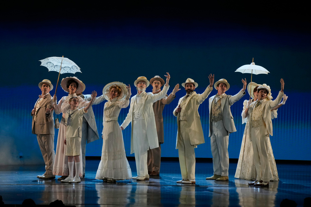 Nick Barrington, from left, Caissie Levy, Colin Donnell, Ben Levi Ross and the cast of 'Ragtime' perform a number during the 79th Tony Awards on Sunday, June 7, 2026, at Radio City Music Hall in New York. (Photo by Charles Sykes/Invision/AP)