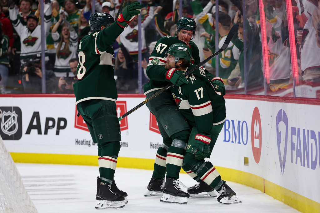 Minnesota Wild left wing Marcus Foligno celebrates his goal against the Dallas Stars during the third period of Game 4 in the first round of the NHL Stanley Cup hockey playoffs Saturday, April 25, 2026, in St. Paul, Minn. (AP Photo/Matt Krohn)