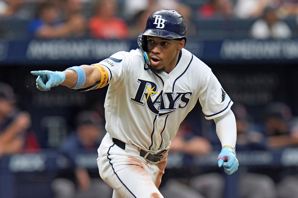 Tampa Bay Rays' Chandler Simpson celebrates after his single off Boston Red Sox pitcher Garrett Whitlock during the ninth inning of a baseball game Saturday, Sept. 19, 2026, in St. Petersburg, Fla. (AP Photo/Chris O'Meara)