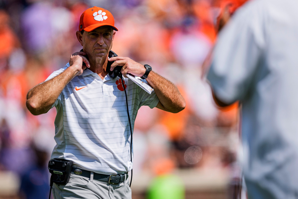 Clemson head coach Dabo Swinney looks on in the first half of an NCAA college football game against Syracuse, Saturday, Sept. 20, 2025, in Clemson, S.C. (AP Photo/Jacob Kupferman)