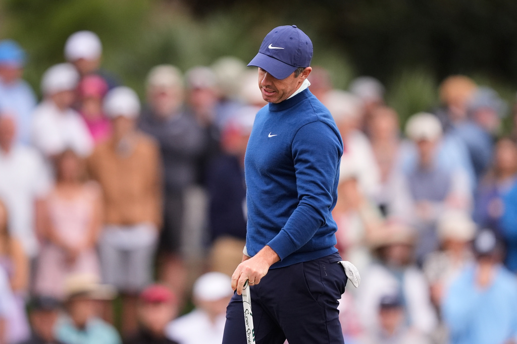 Rory McIlroy of Northern Ireland reacts to his putt on the 11th green during the second round of The Players Championship golf tournament Friday, March 13, 2026, in Ponte Vedra Beach, Fla. (AP Photo/Gerald Herbert)
