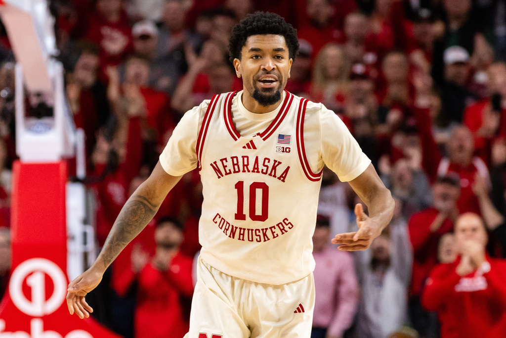 Nebraska guard Jamarques Lawrence (10) reacts after a basket against Michigan State during the first half of an NCAA college basketball game, Friday, Jan. 2, 2026, in Lincoln, Neb. (AP Photo/Bonnie Ryan)