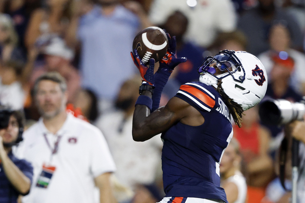 Auburn wide receiver Eric Singleton Jr. (1) catches pass for a touchdown against Ball State during the first half of an NCAA college football game, Saturday, Sept. 6, 2025, in Auburn, Ala. (AP Photo/Butch Dill)