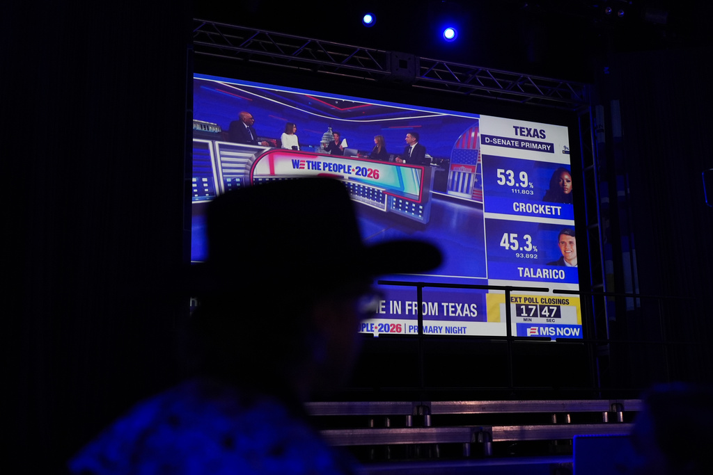 A supporter of Texas state Rep. James Talarico, D-Austin, a Democratic candidate for the U.S. Senate, watches as results come in during a primary election night watch party Tuesday, March 3, 2026, in Austin, Texas. (AP Photo/Eric Gay)