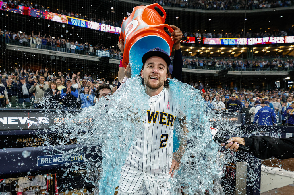 Milwaukee Brewers' Brice Turang is dunked with gatorade after hitting a walk-off home run in the ninth inning against the New York Yankees Sunday, May 10, 2026, in Milwaukee. (AP Photo/Jeffrey Phelps)