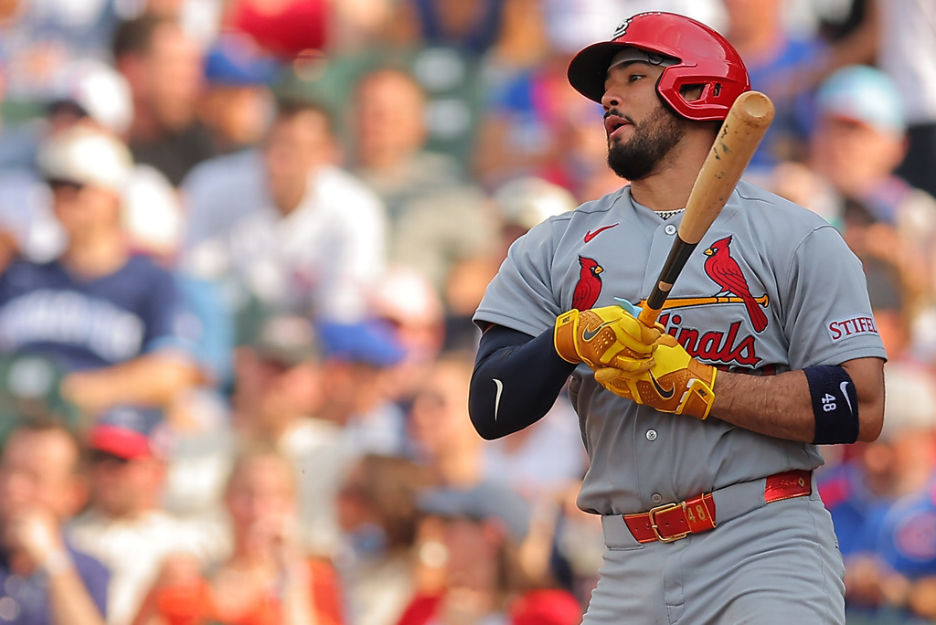 St. Louis Cardinals' Nelson Velázquez hits his two-RBI single during the sixth inning of a baseball game against the Chicago Cubs, Friday, July 3, 2026, in Chicago. (AP Photo/Melissa Tamez)