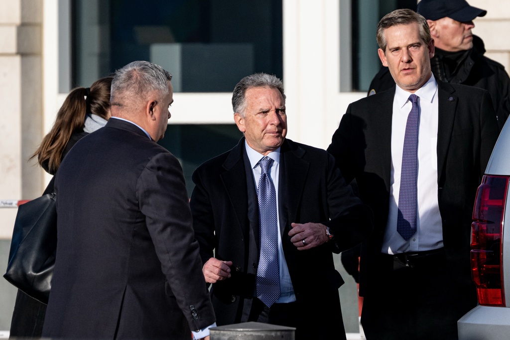 Steve Witkoff, Special Envoy of the United States, center, exits from the American Embassy in Berlin, Monday Dec. 15, 2025. (Fabian Sommer/dpa via AP)
