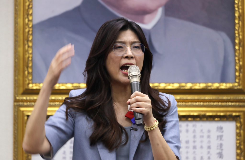 Cheng Li-wun delivers a speech after winning in the Kuomintang (KMT, Nationalist Party) chairman election in Taipei, Taiwan, Saturday, Oct. 18, 2025. (AP Photo/Chiang Ying-ying)